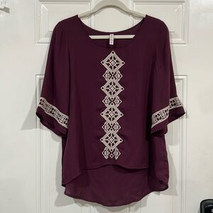 NWOT plum embroidered blouse w/ half sleeves